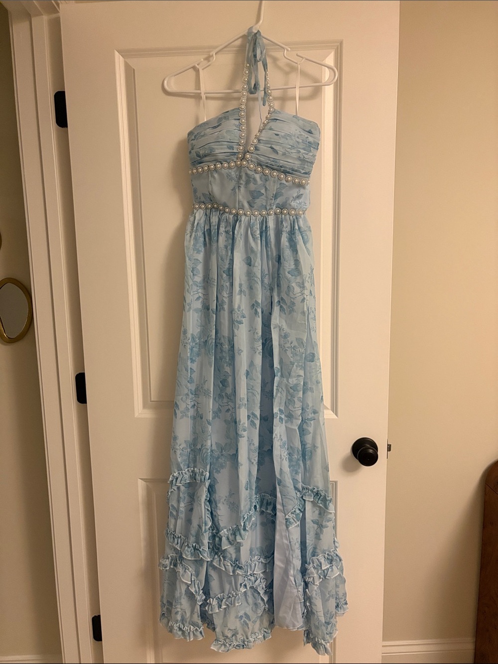 Light Blue Floral Halter Dress with Pearl Trim